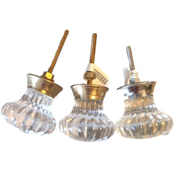 Lot of 3 Crystal Glass Ribbed Drawer Knobs 2 Gold-tone 1 Silver-tone - Picture 1 of 7